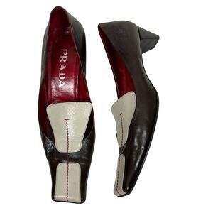 Prada Vintage Square Toe Y2K Block Kitten Heel Leather Heels 7